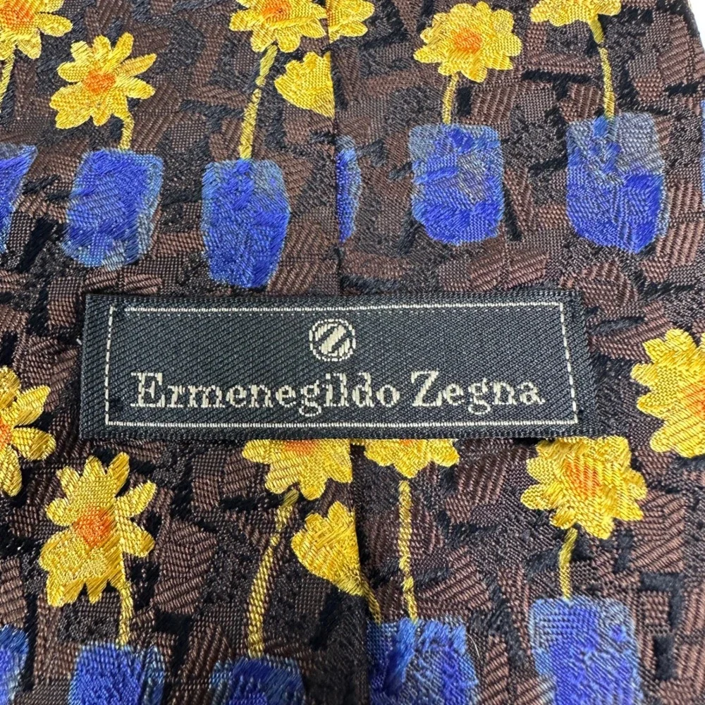 Ermenegildo Zegna Silk Tie Brown Yellow Floral Blue Vase Mens Luxury Fashion